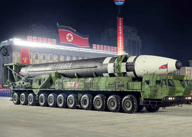 Shown in this image captured from Korean Central Television footage on Oct. 10, 2020, is North Korea's new intercontinental ballistic missile (ICBM), which was displayed during a military parade held in Pyongyang to mark the 75th founding anniversary of the ruling Workers' Party.