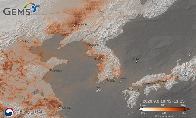 This image provided by the Ministry of Science and ICT on Nov. 18, 2020, shows nitrogen dioxide levels in South Korea, China and Japan as observed by the Chollian-2B satellite on Sept. 9, 2020.