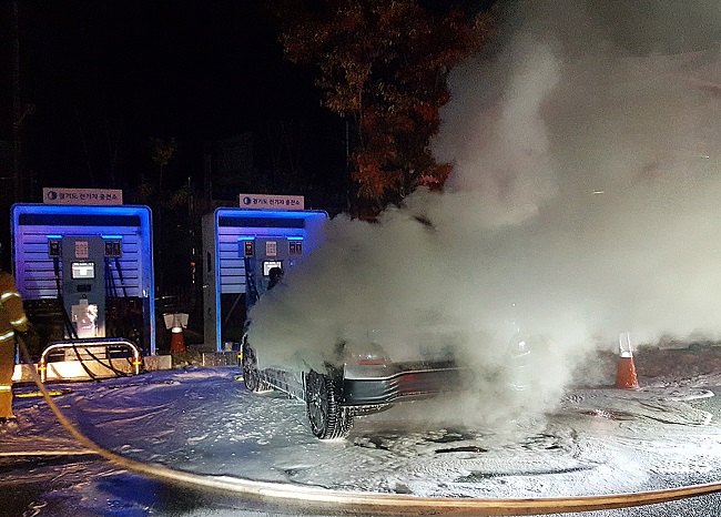 Hyundai Motor Co.'s Kona electric vehicle catches fire while charging its battery at a charging station in Namyangju, about 20 kilometers east of Seoul, on Oct. 17, 2020, in this photo provided by the Namyangju City Fire Station.