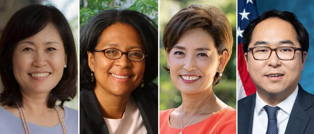 This combination photo captured from Facebook and campaign homepages shows (L to R) Michelle Park Steel, Marilyn Strickland, Young Kim and Andy Kim.