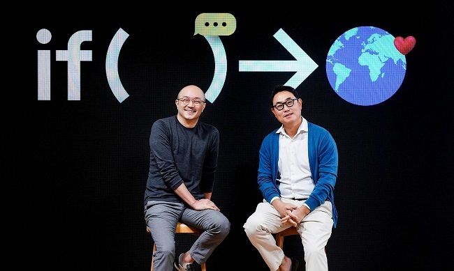 This photo, provided by Kakao Corp., the operator of South Korea's top mobile messenger KakaoTalk, on Nov. 18, 2020, shows the company's co-CEOs, Jo Su-yong (L) and Yeo Min-soo. 