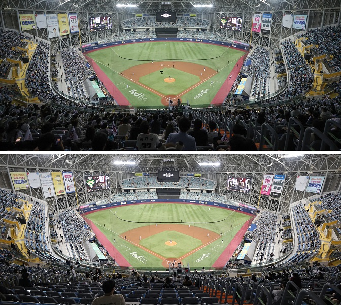 Top: Game 2 of the Korean Series between the Doosan Bears and the NC Dinos is played at Gocheok Sky Dome on Nov. 18, 2020, with a sellout crowd of 8,200 under Level 1 in social distancing regulations. Bottom: Game 3 of the same series at the dome has a reduced capacity crowd of 5,100 on Nov. 20, 2020, after the social distancing level was raised to 1.5. (Yonhap)