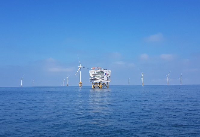 This file photo, provided by Korea Offshore Wind Power on Oct. 27, 2020, shows a test site of the offshore wind farm to be built in seas off the coast between Gochang County and Buan County, which is about 250 kilometers southwest of Seoul. 