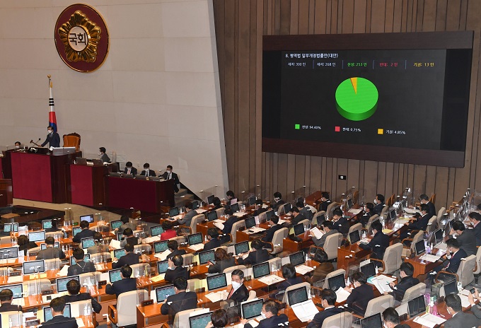 National Assembly Speaker Park Byeong-seug announces the passage of a revised Military Act at the parliamentary complex in southern Seoul on Dec. 1, 2020. (Yonhap)