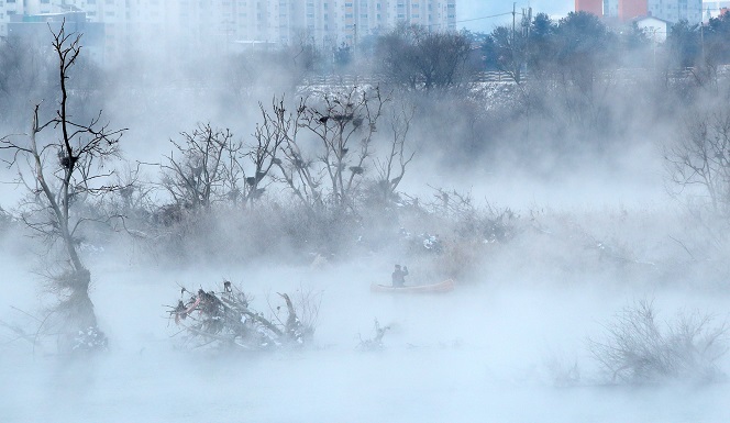 Hoarfrost Covers Soyang River After Temperatures Plunge