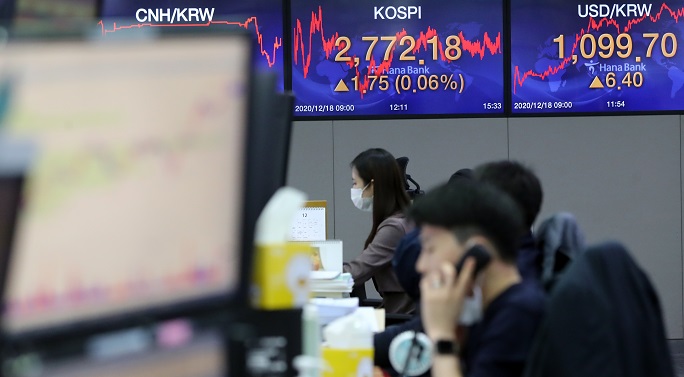 Electronic signboards at a Hana Bank dealing room in Seoul show the benchmark Korea Composite Stock Price Index (KOSPI) closed at 2,772.18 on Dec. 18, 2020, up 1.75 points or 0.06 percent from the previous session's close. (Yonhap)