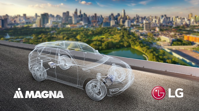 This image, provided by LG Electronics Inc. on Dec. 23, 2020, shows a concept for a future vehicle using parts from LG and Magna International Inc. The two sides agreed to set up a joint venture to make auto parts, including e-motors and inverters.