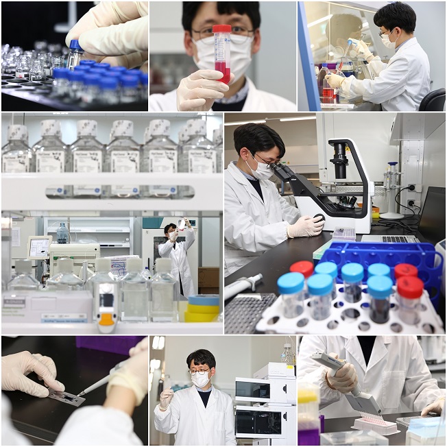 In this composite photo, a researcher tests drugs to develop a coronavirus vaccine at the research lab of local pharmaceutical firm Cellid in Seongnam, just east of Seoul, on Dec. 30, 2020. (Yonhap)