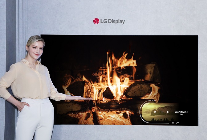 This photo provided by LG Display Co. on Jan. 11, 2021, shows the company's new 77-inch OLED display with enhanced organic light-emitting diode.