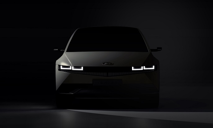 This image provided by Hyundai Motor shows the front of the all-electric IONIQ 5 CUV to be unveiled in February 2021. 