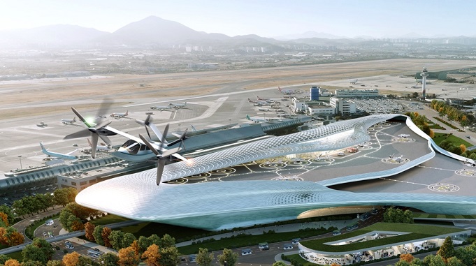 This rendered image, provided by Korea Airports Corp. on Jan. 28, 2021, shows the planned terminal for urban air mobility services.