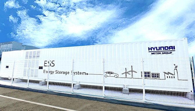 This photo provided by Hyundai Motor Group shows an energy storage system (ESS) set up at the plant of Hyundai Motor in Ulsan, 414 kilometers southeast of Seoul.