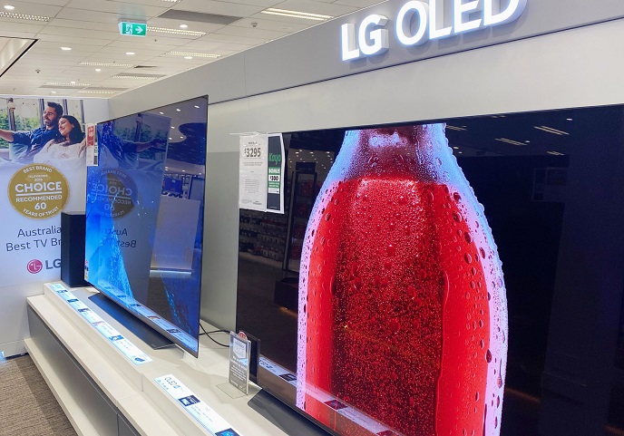 This photo provided by LG Electronics Inc. on Oct. 27, 2020, shows the company's OLED TVs displayed at a store in Australia.