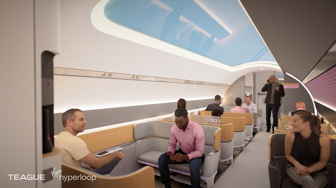 Inside the Virgin Hyperloop pod. Design by TEAGUE and animation by SeeThree.
