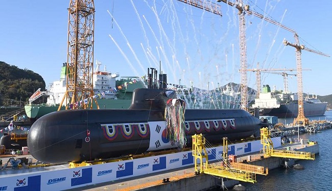 In the Nov. 10, 2020, file photo, South Korea's new 3,000-ton indigenous submarine, the Ahn Mu, is anchored at the Okpo Shipyard of Daewoo Shipbuilding and Marine Engineering Co. in the southeastern city of Geoje as the Navy prepares to hold a launching ceremony the same day for the mid-class diesel-powered submarine, named after a prominent Korean independence fighter. (Yonhap)