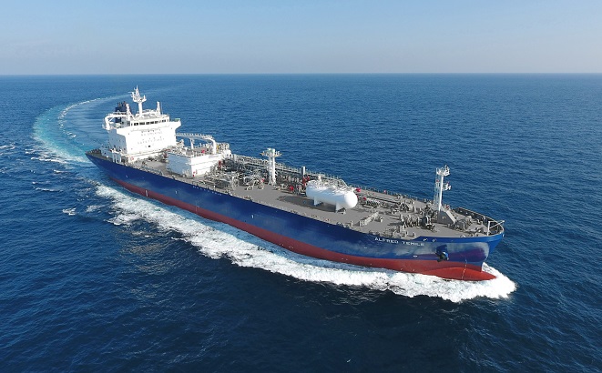 In this photo provided by the Korea Shipbuilding & Offshore Engineering Co. on Oct. 16, 2020, a liquefied petroleum gas (LPG) carrier built by Hyundai Mipo Dockyard Co. undergoes a trial run.