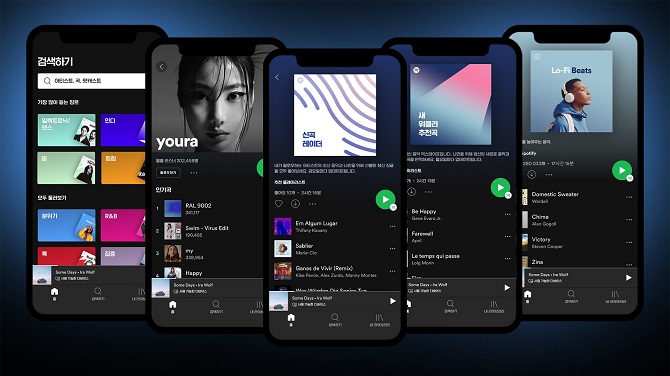 This file image, provided by Spotify Technology SA on Feb. 2, 2021, shows its music streaming service.