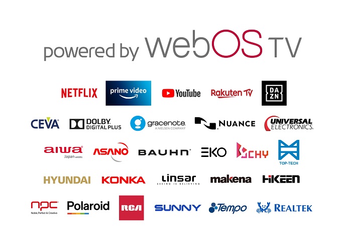 This image provided by LG Electronics Inc. on Feb. 24, 2021, shows logos of firms and services that support LG's webOS smart TV platform.