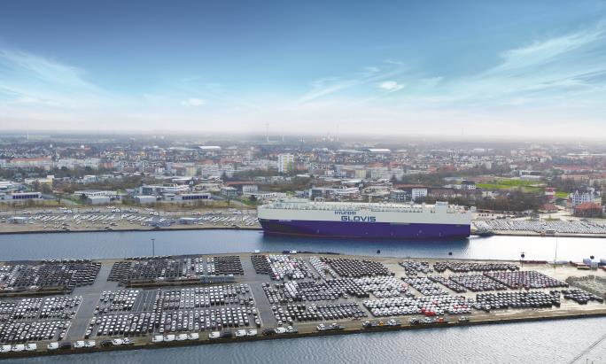 This undated file photo provided by Hyundai Glovis shows its pure car and truck carrier at the port of Bremerhaven in Germany.