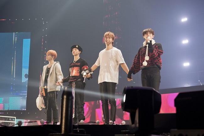 This photo, provided by Around Us, shows boy group Highlight performing at the KSPO Dome during a series of concerts on November 24-25, 2018, in east Seoul, before members enlisted in the army.