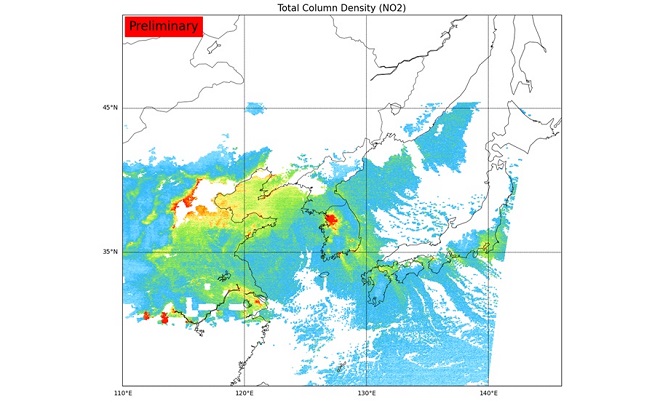 Nitrogen dioxide concentration levels across East Asia, based on data collected by Chollian-2B on Feb. 9, 2021, are shown in this image provided by the Ministry of Science and ICT on March 21, 2021.