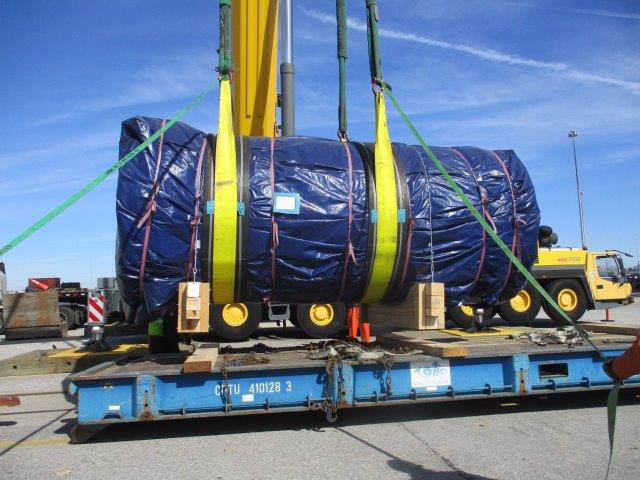 This photo provided by Doosan Heavy Industries & Construction Co. shows a wrapped cask being transported in the U.S.