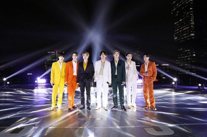 This photo, provided by Big Hit Entertainment, shows BTS on the stage for a performance of "Dynamite" during the 63rd Grammy Awards on March 14, 2021. 
