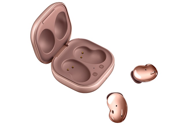 This photo provided by Samsung Electronics Co. on Aug. 5, 2021, shows the company's Galaxy Buds Live wireless earbuds.