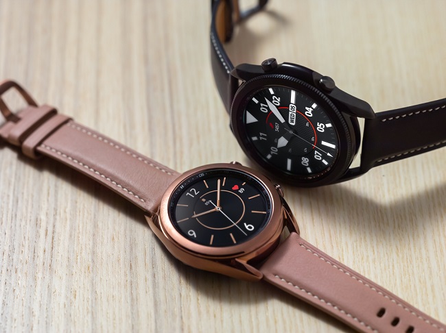 This photo provided by Samsung Electronics Co. on Jan. 27, 2021, shows the company's Galaxy Watch 3 smartwatches. 