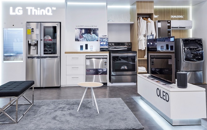 This photo provided by LG Electronics Inc. on Feb. 26, 2021, shows the company's home appliance products displayed at its premium store in Panama City, Panama.
