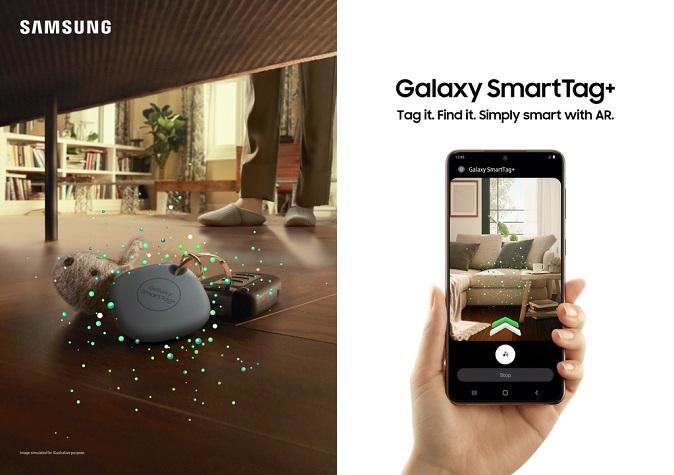 This photo provided by Samsung Electronics Co. shows the company's advertisement for the Galaxy SmartTag+.