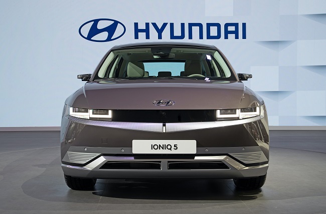 Hyundai Motor Co. unveils its all-electric crossover Ioniq 5 at the Shanghai International Automobile Industry Exhibition on April 19, 2021, in this photo provided by the automaker.
