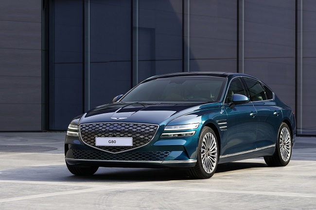 Genesis, the independent luxury brand under Hyundai Motor Co., debuts the electric model of the G80 sedan at the Shanghai International Automobile Industry Exhibition on April 19, 2021, in this photo provided by the automaker.