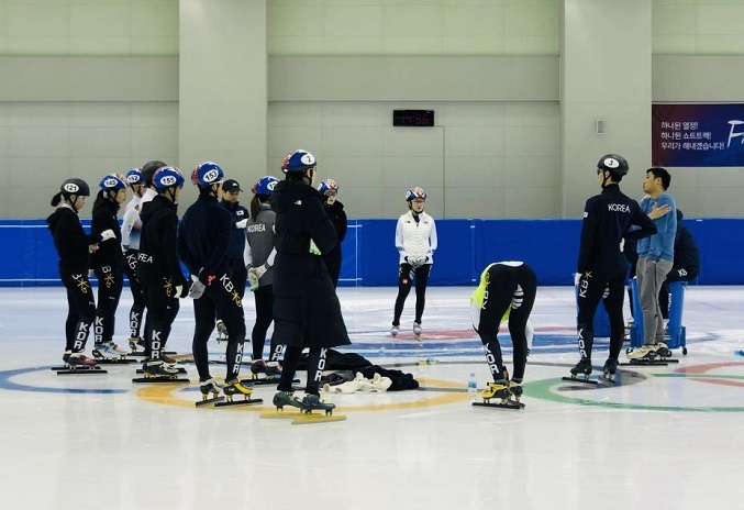 This file photo provided by the Korea Skating Union on Jan. 10, 2018, shows South Korean short track speed skaters during training at the Jincheon National Training Center in Jincheon, 90 kilometers south of Seoul.