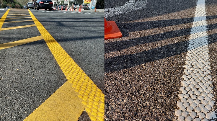 This photo provided by Seocho District shows 'water drop traffic safety lanes.'