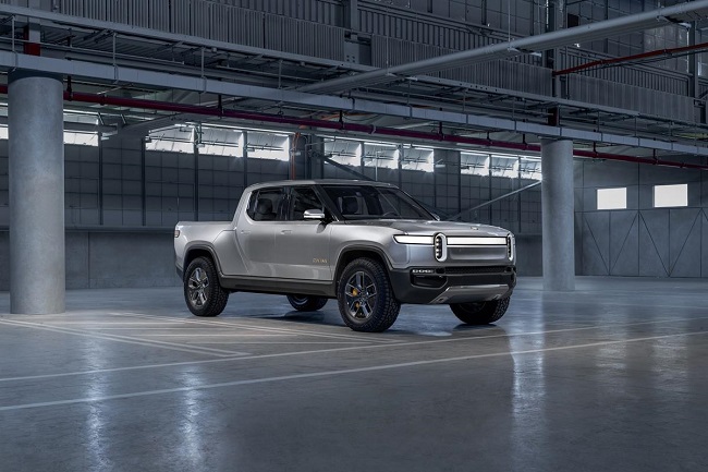 This photo provided by U.S. electric vehicle startup Rivian shows its R1T all-electric pickup truck.
