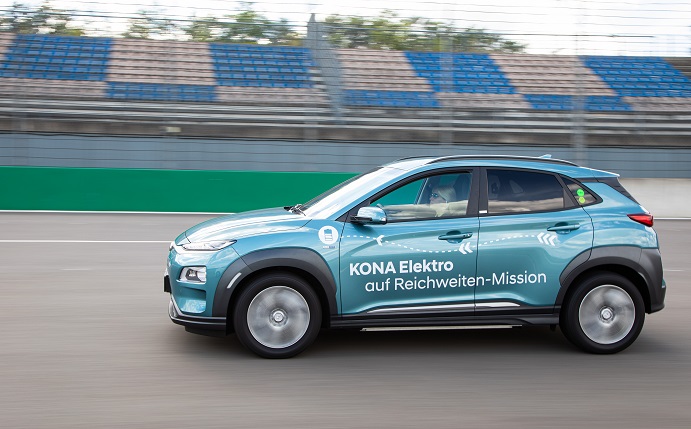 Hyundai Motor Co. evaluates the driving range of the Kona Electric in a test run in Germany, in this file photo provided by the Korean automaker on Aug. 14, 2020. 