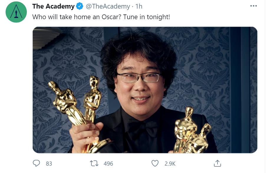 This photo, captured from the Twitter account of the Academy of Motion Picture Arts and Sciences (AMPAS) on April 25, 2021, shows South Korean director Bong Joon-ho, whose "Parasite" won four titles at the 92nd Academy Awards in 2020. The Academy posted the photo ahead of the event's 93rd edition.
