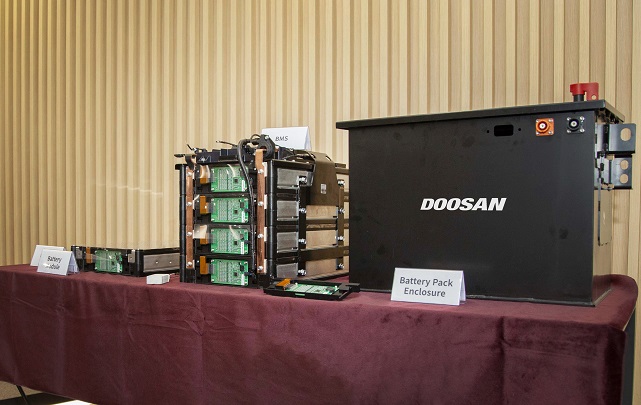 This photo provided by Doosan Infracore Co. on May 10, 2021, shows a prototype of battery packs for construction machinery.