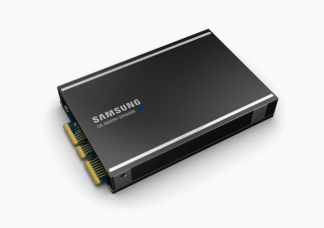 This photo provided by Samsung Electronics Co. on May 11, 2021, shows the company's Double Data Rate 5 (DDR5) DRAM memory module supporting the Compute Express Link (CXL) interconnect standard.