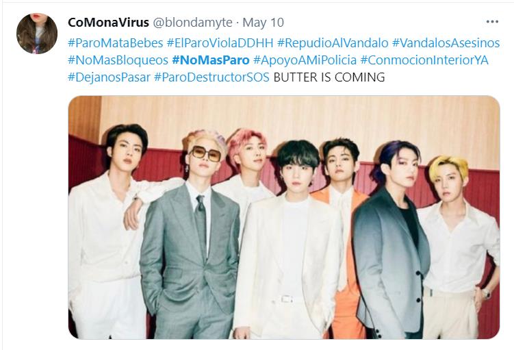This photo, captured from the Twitter account of a Colombian K-pop fan, shows a photo of BTS with hashtags that oppose the strike.