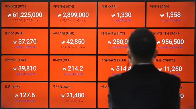 This April 26, 2021, photo shows an electronic signboard at the cryptocurrency exchange Bithumb in Seoul. (Yonhap)