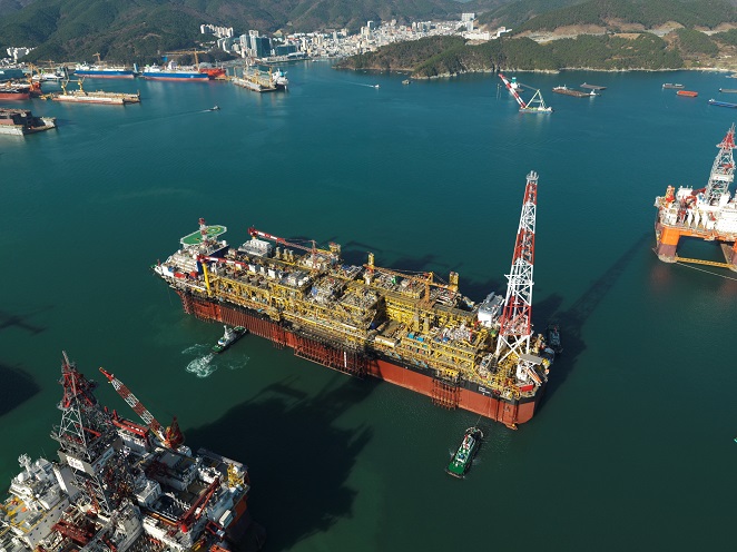 This photo provided by Daewoo Shipbuilding & Marine Engineering Co. (DSME) on June 14, 2021 shows a floating production, storage and offloading vessel (FPSO) built by the shipbuilder.