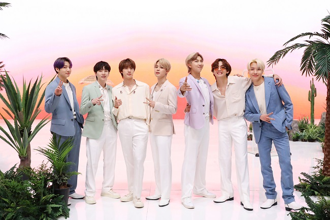 K-pop supergroup BTS poses during their appearance on "Good Morning America," a popular program on the U.S. broadcaster ABC News, on May 28, 2021, in this photo provided by Big Hit Music the following day.