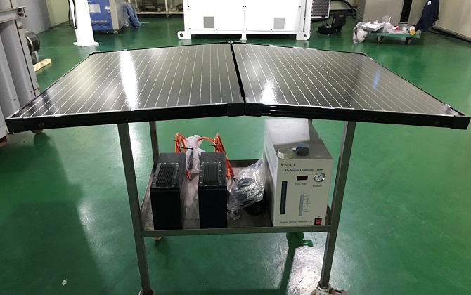 This photo provided by the Korea Institute of Ocean Science & Technology shows newly-developed seawater battery-based hydrogen production device.