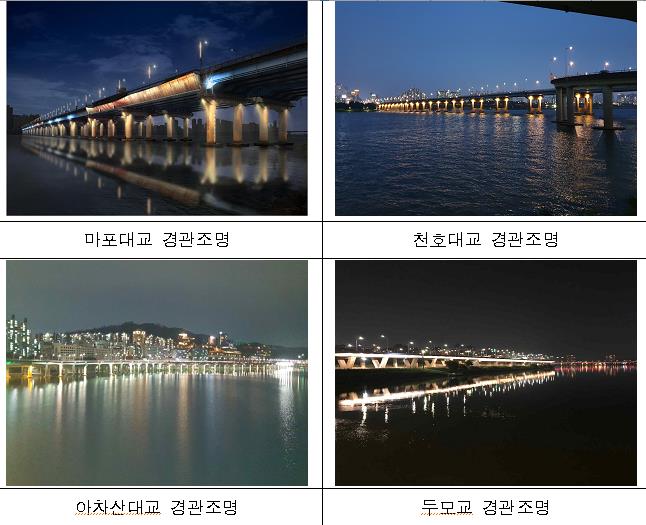 This composite image, provided by the Seoul city government on June 30, 2021, shows four bridges straddling the Han River in Seoul lit up at night.