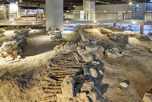 This photo, provided by the Seoul metropolitan government on July 6, 2021, shows the remains of a Joseon-era government munitions office on display in the basement of the new City Hall building.