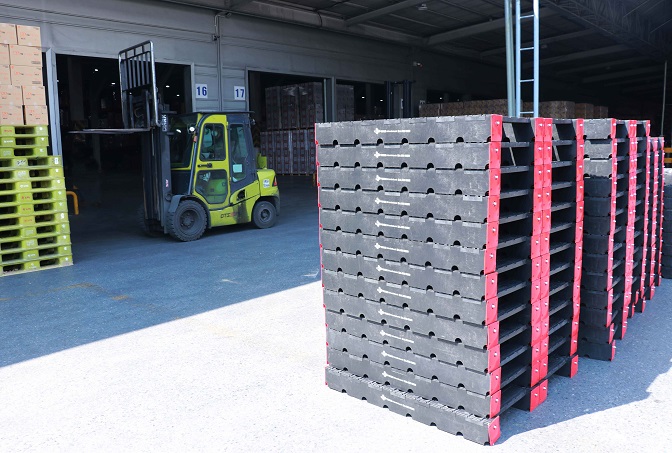 This photo provided by CJ Logistics Corp. shows pallets made by waste plastics.