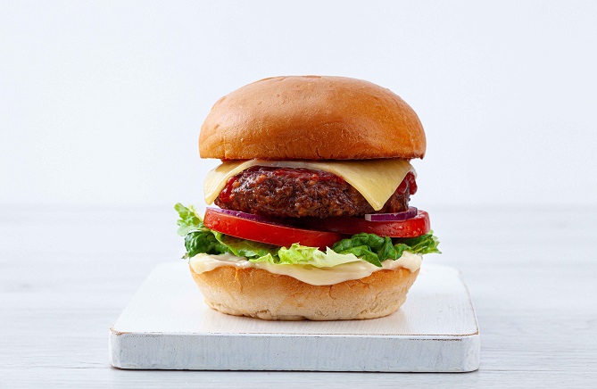 This photo provided by Fresheasy shows a hamburger using v2food's patty.
