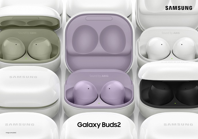 This photo provided by Samsung Electronics Co. on Aug. 11, 2021, shows the Galaxy Buds2 wireless earbuds.